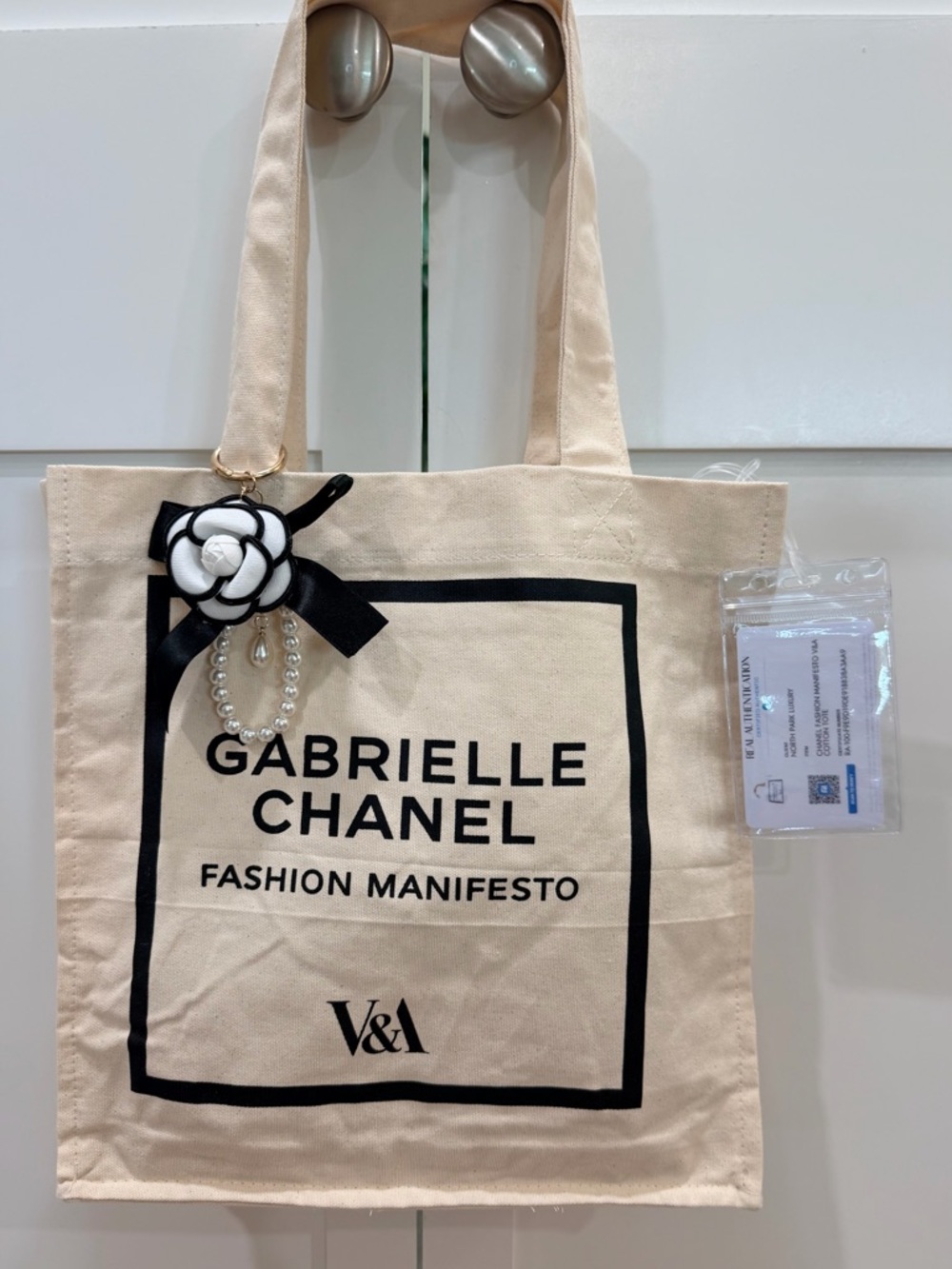 Chanel V&A Gabrielle Chanel Fashion Manifesto Tote & White Camellia Charm + COA